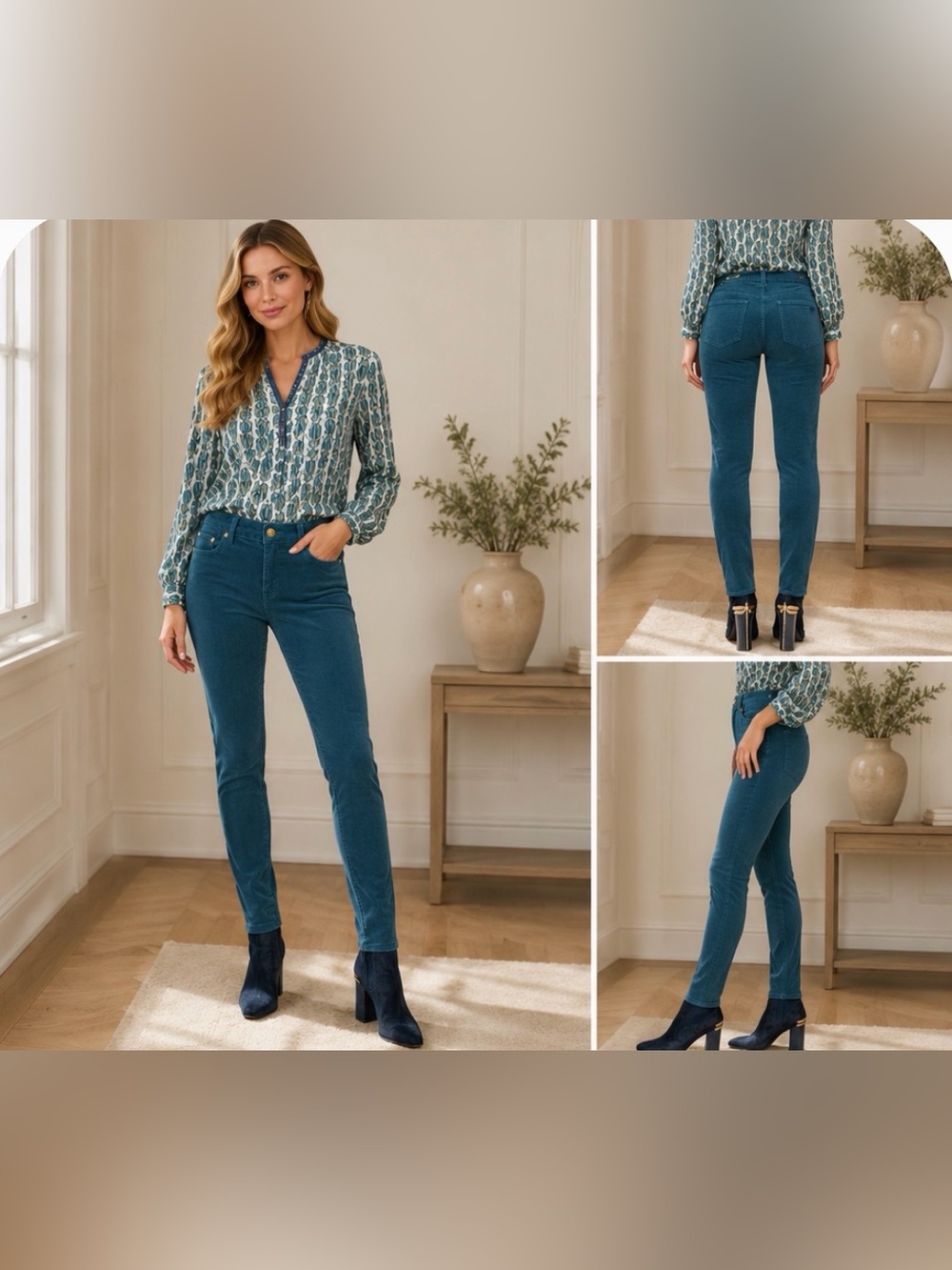 Tory Burch Ivy Super Skinny Corduroy Jeans Teal Blue Size 24 XXS Mid Rise Pants